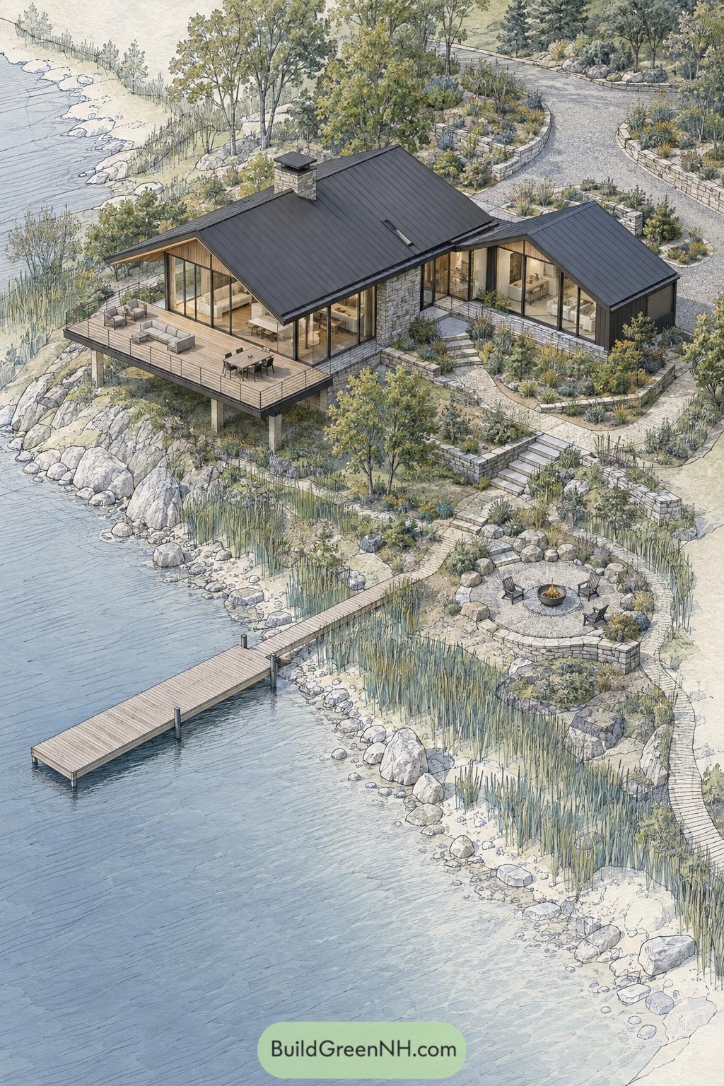Modern lakeside villa with stone terraces dock and fire circle