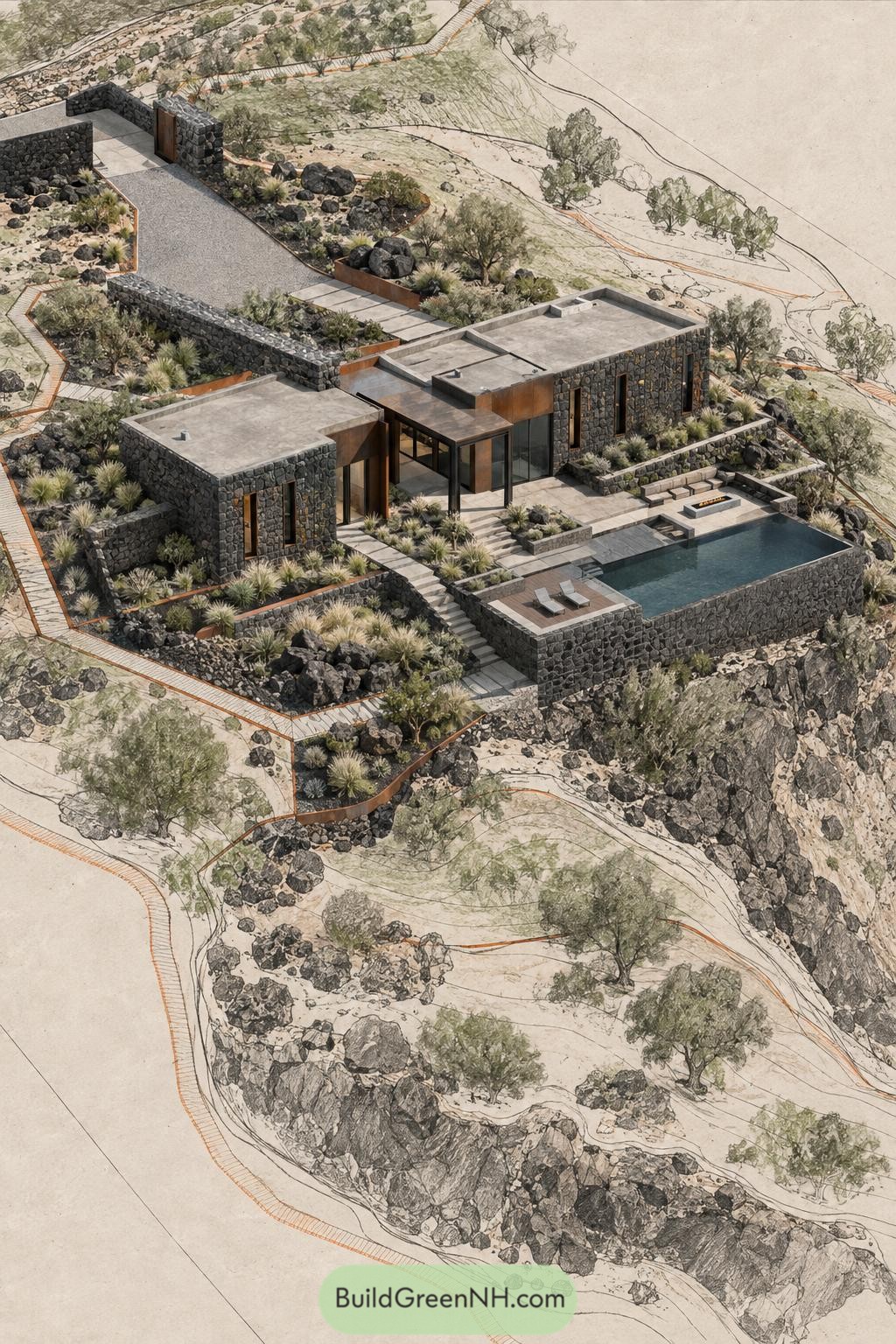 Stone villa terraces with a plunge pool on a rocky hillside