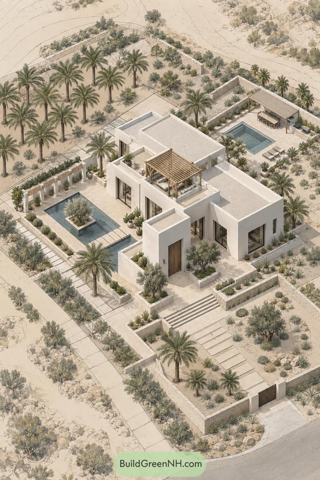 Modern desert villa with palm groves and twin pools