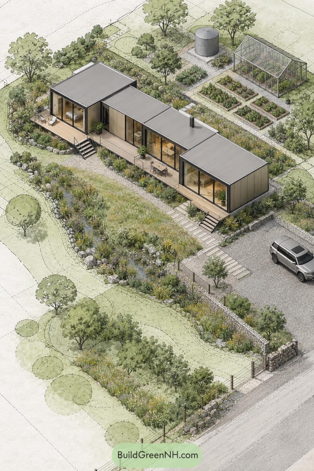 Modern villa with greenhouse gardens and rainwater tank