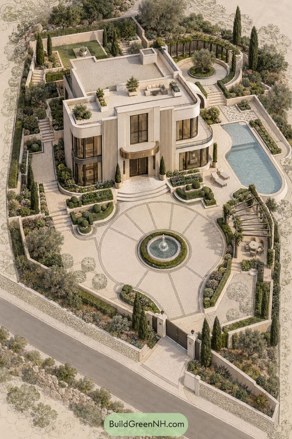 Elegant villa with circular fountain courtyard pool and terraced gardens