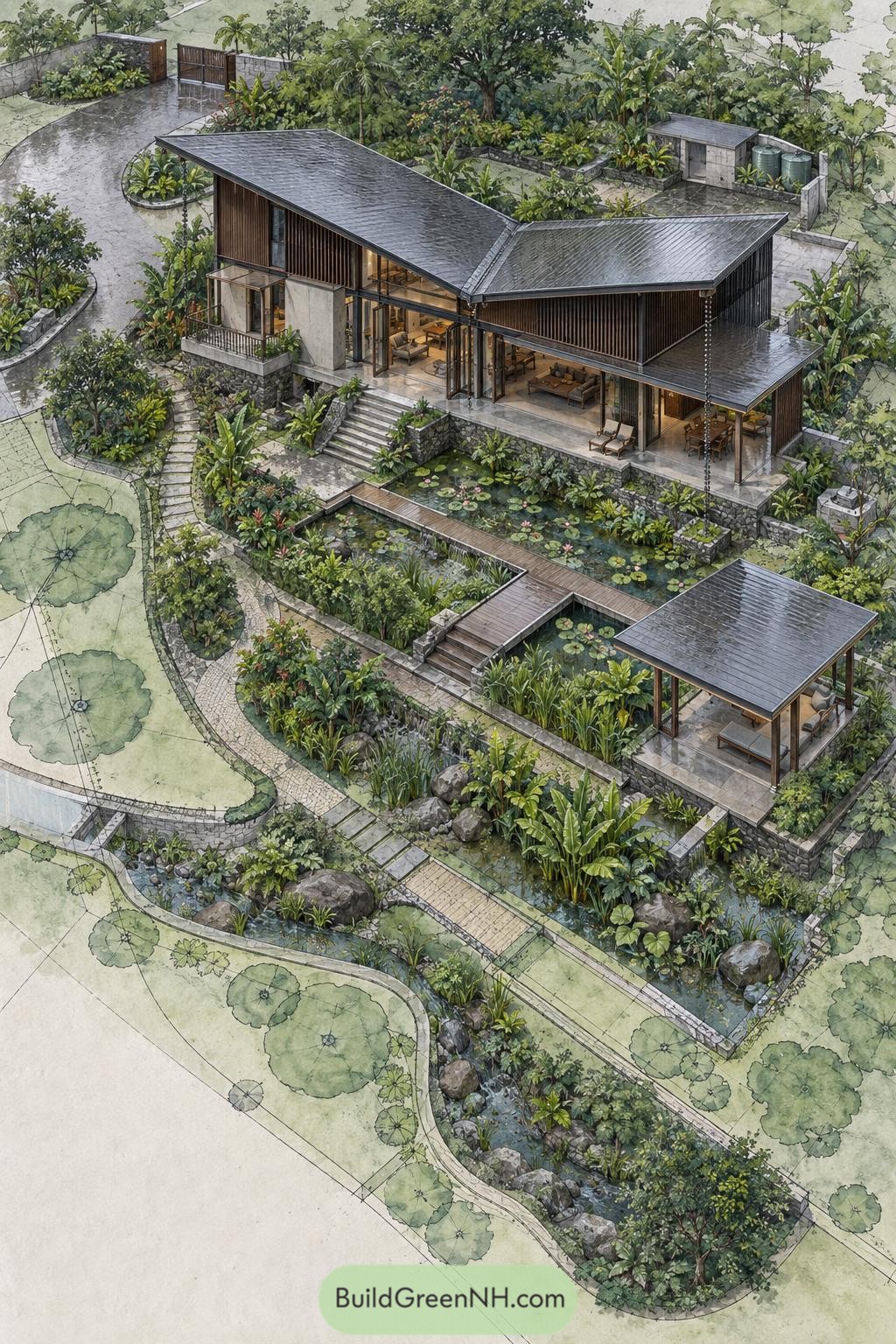 Tropical villa with lily pond and pavilion