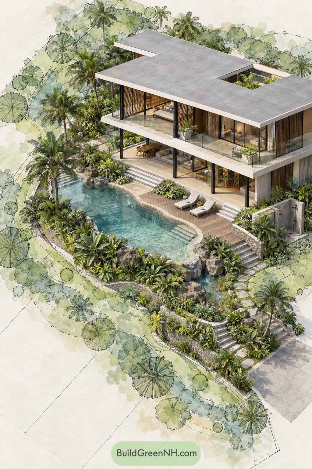 Modern villa with tropical lagoon pool and layered garden terraces