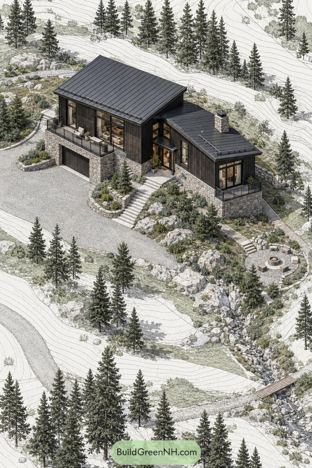Modern hillside villa with stone terraces pine trees and fire pit