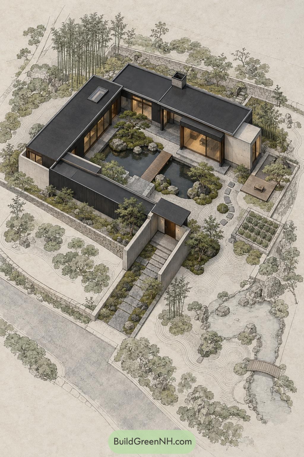 Modern villa surrounding a stone pond garden