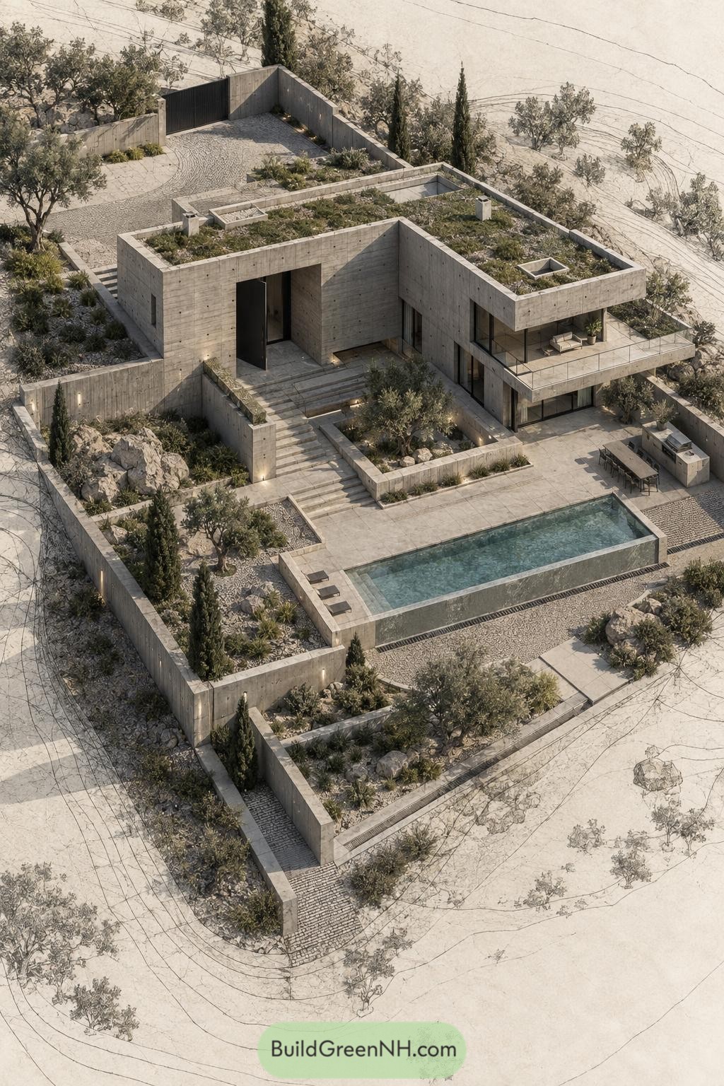 Concrete villa with rooftop garden terraces and a rectangular pool
