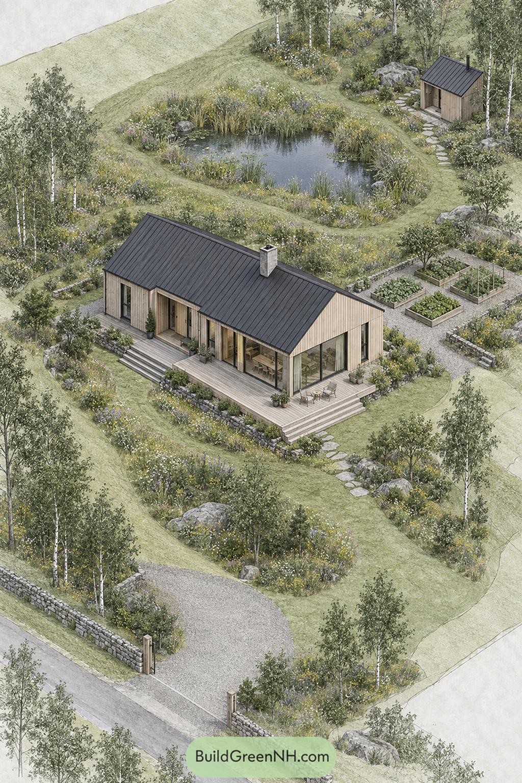 Modern timber villa with pond meadow and kitchen garden