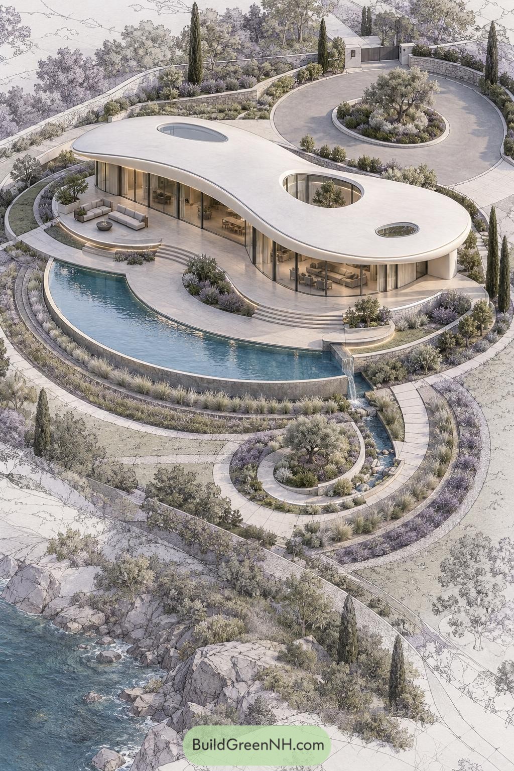 Curved coastal villa with pool and terraced gardens