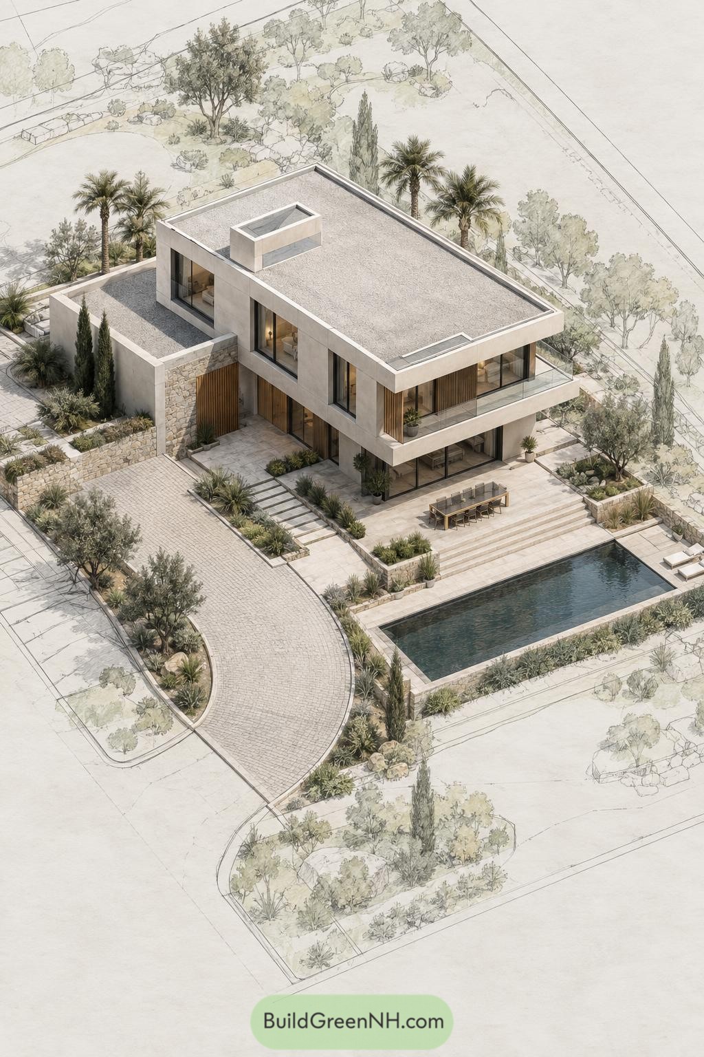 Modern villa with curved drive terraced pool and palms