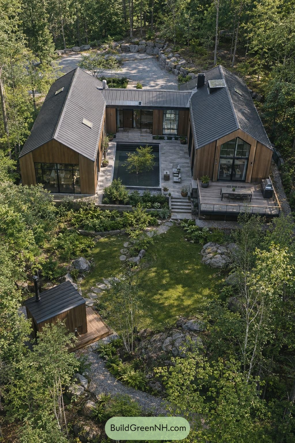 Aerial view of timber villa with central plunge pool