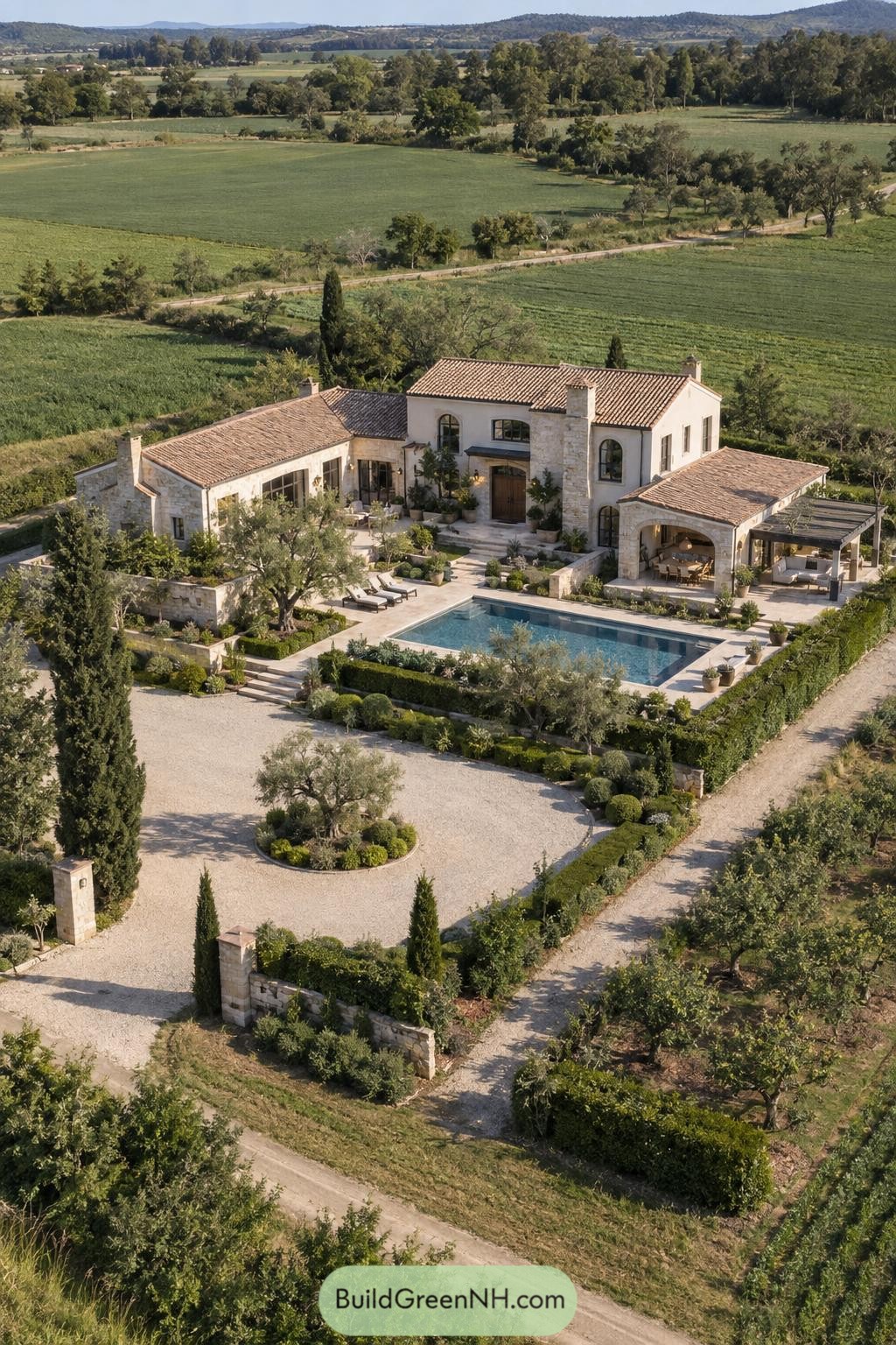 Aerial view of a stone villa with pool and olive gardens