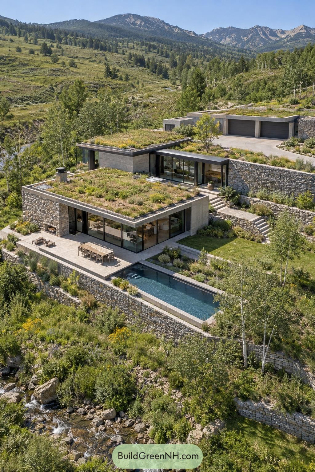 Terraced stone villa with green roofs and pool