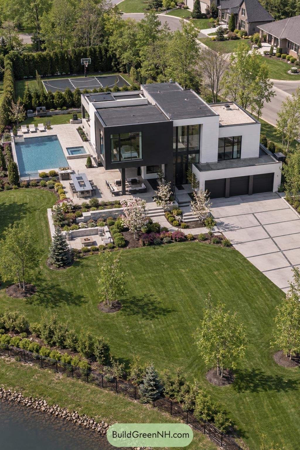 Modern black and white villa with pool and landscaped waterfront lawn