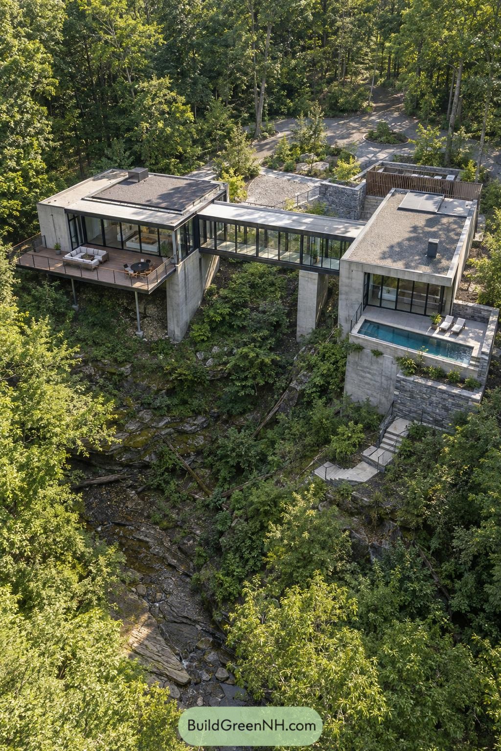 Concrete villa spanning a wooded ravine with a pool terrace