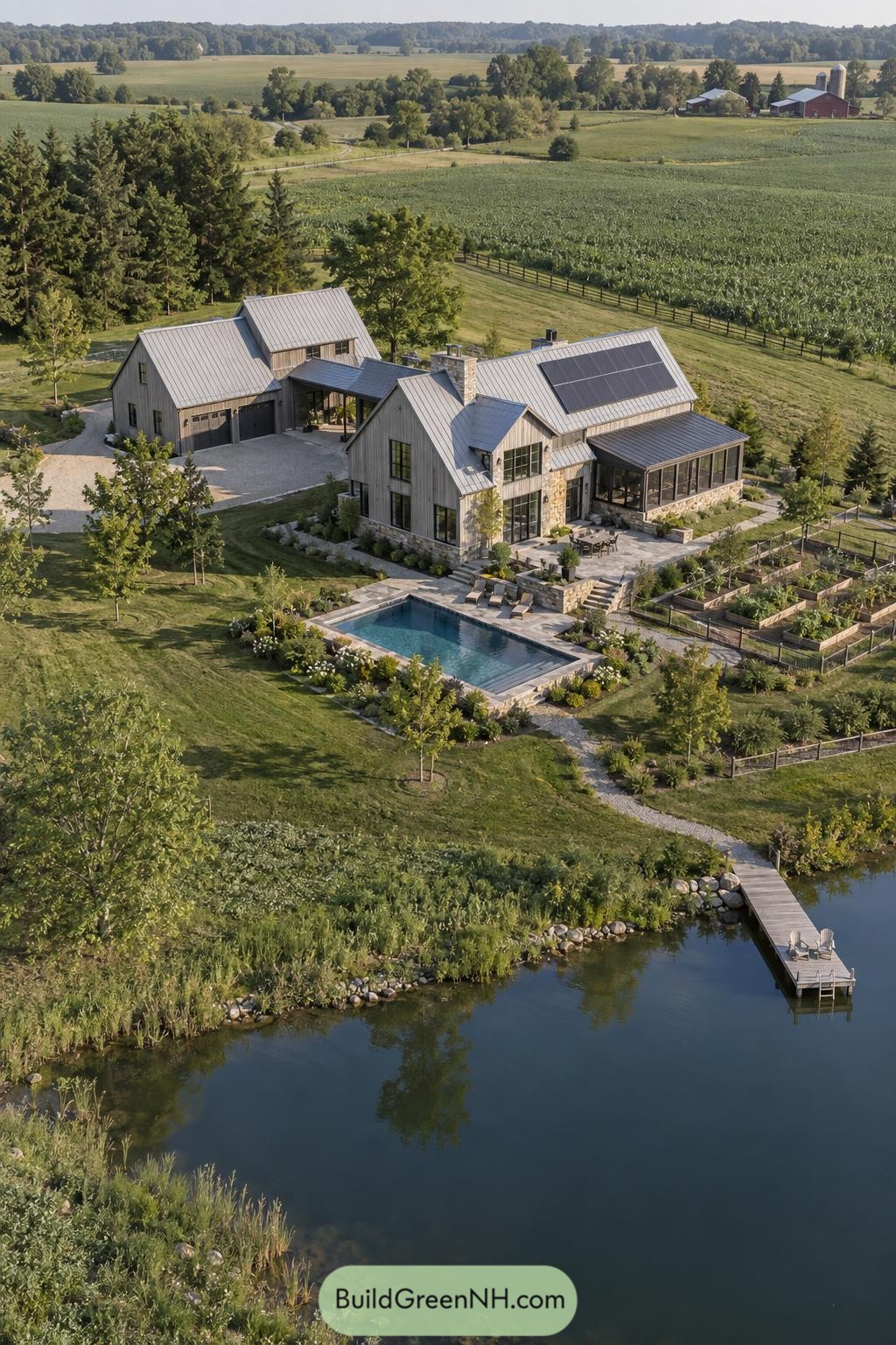 A gabled farmhouse villa with pool beside a pond