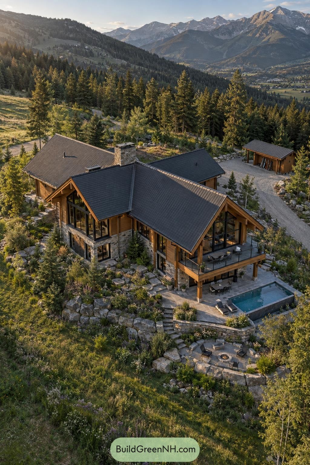 Timber mountain villa with pool and terraces overlooking alpine peaks