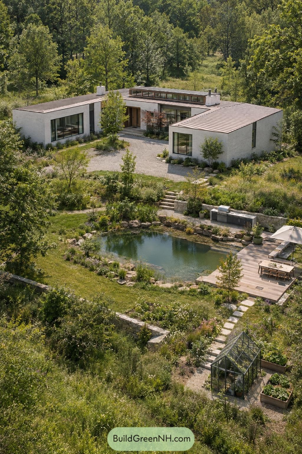 White brick villa with natural pond garden and greenhouse