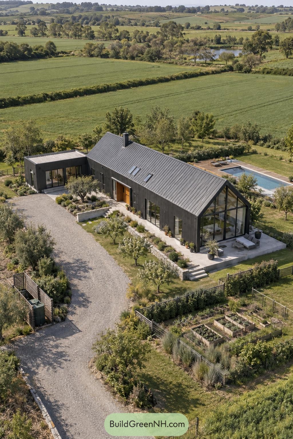 A dark gabled villa with glass walls pool and kitchen garden