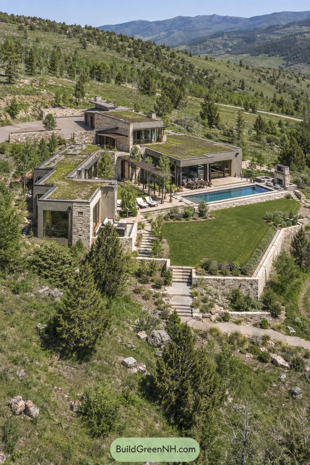 Hillside stone villa with green roofs and pool