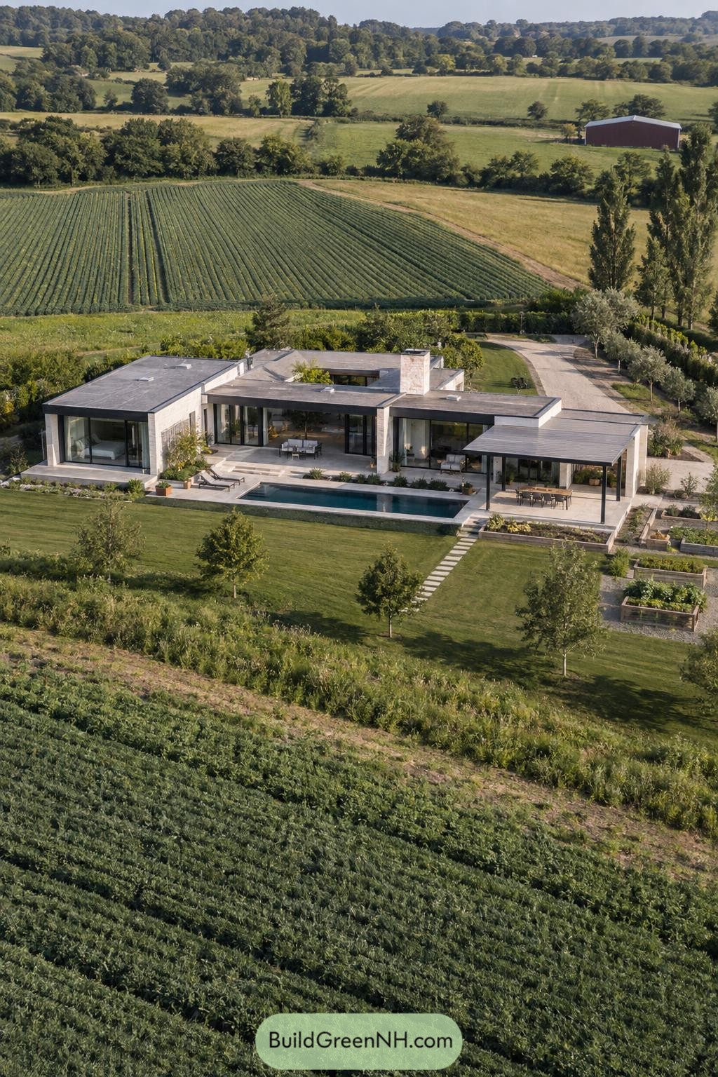 Modern stone villa with pool beside farmland