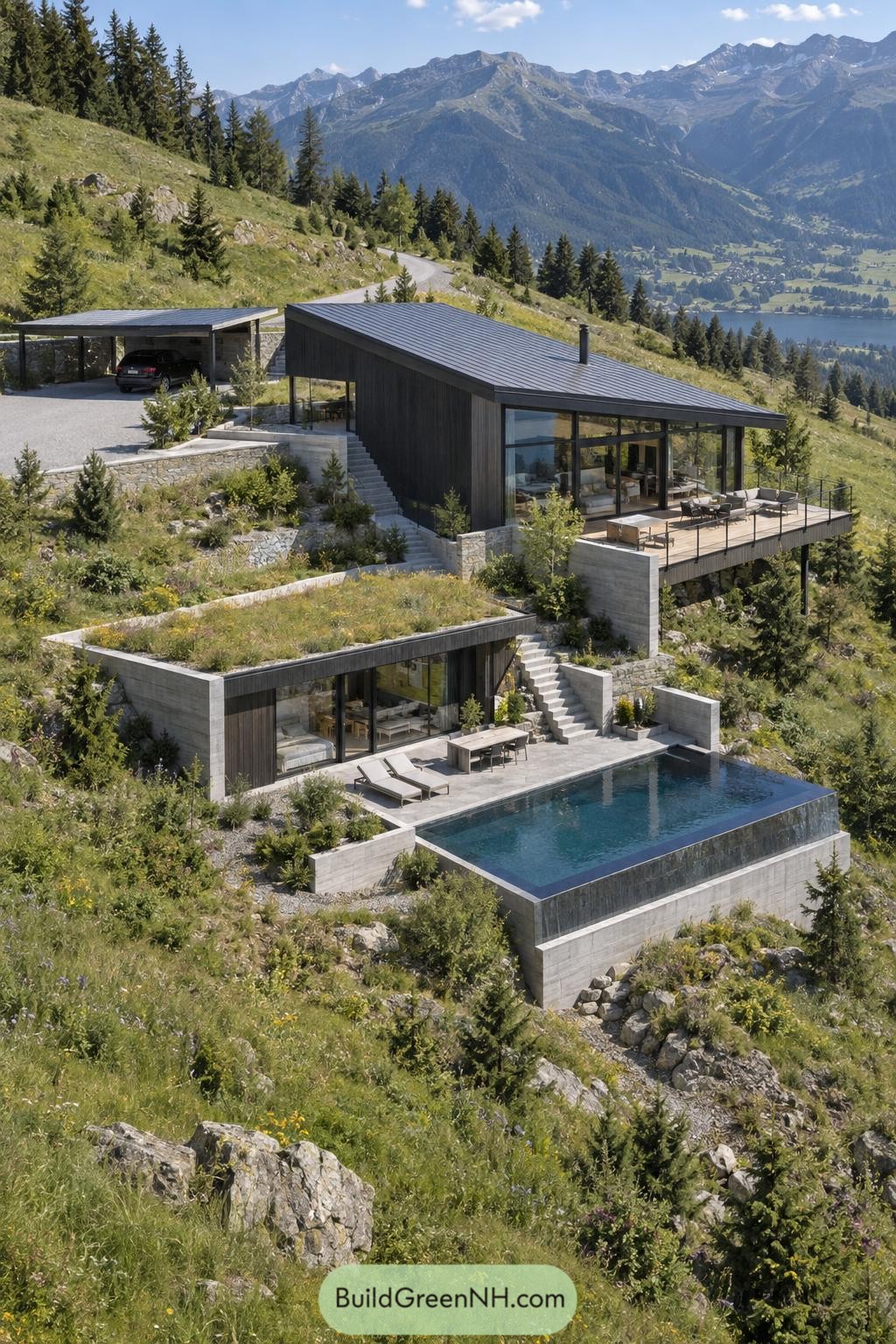 Tiered mountain villa with infinity pool and lake views