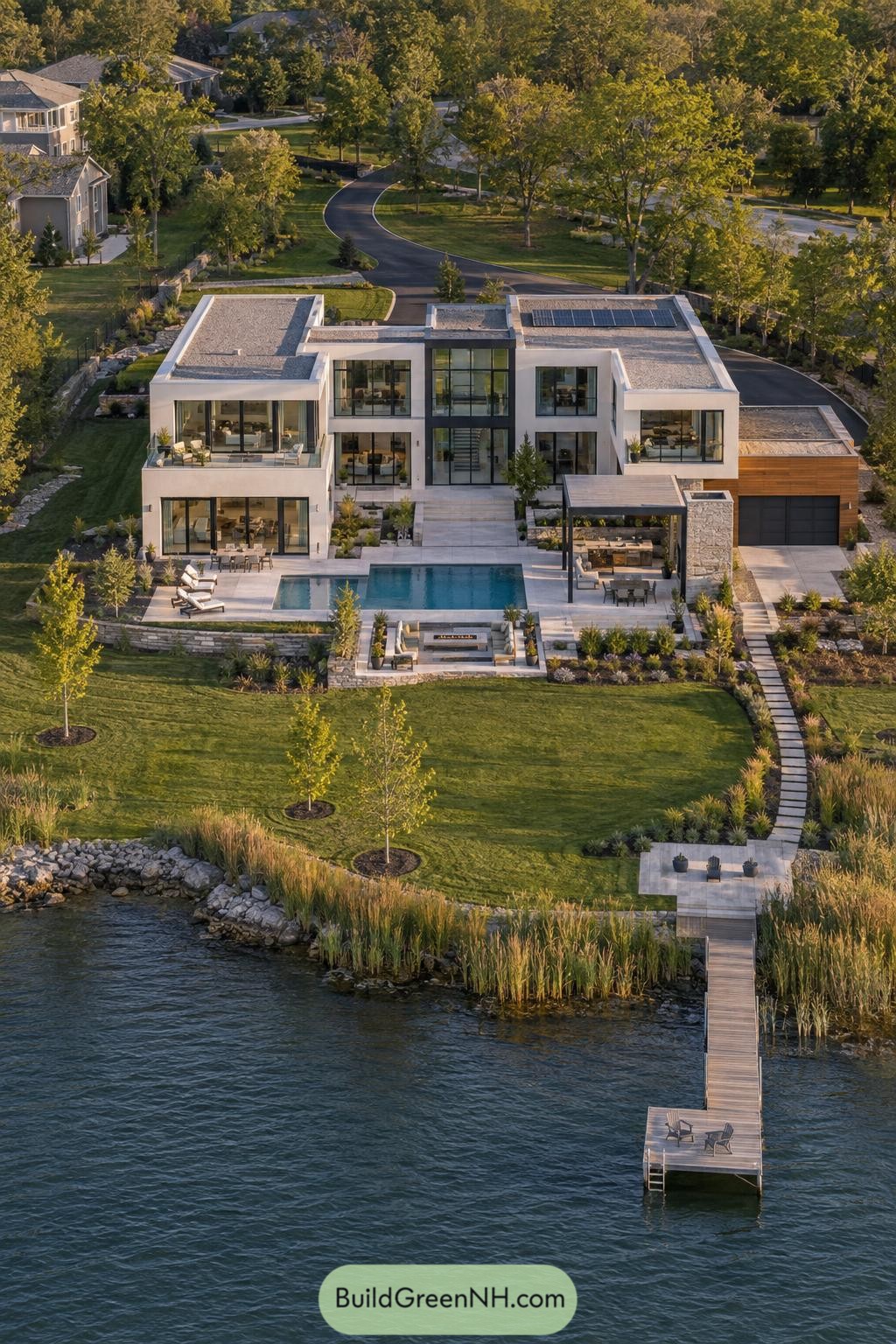 Modern lakeside villa with pool and private dock