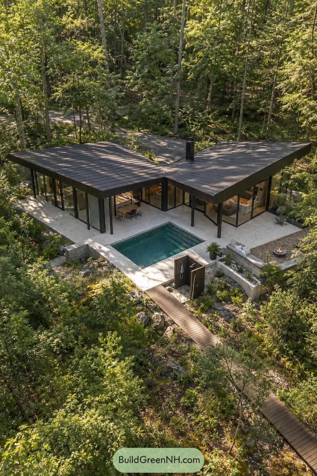 Modern woodland villa with twin roof wings and pool