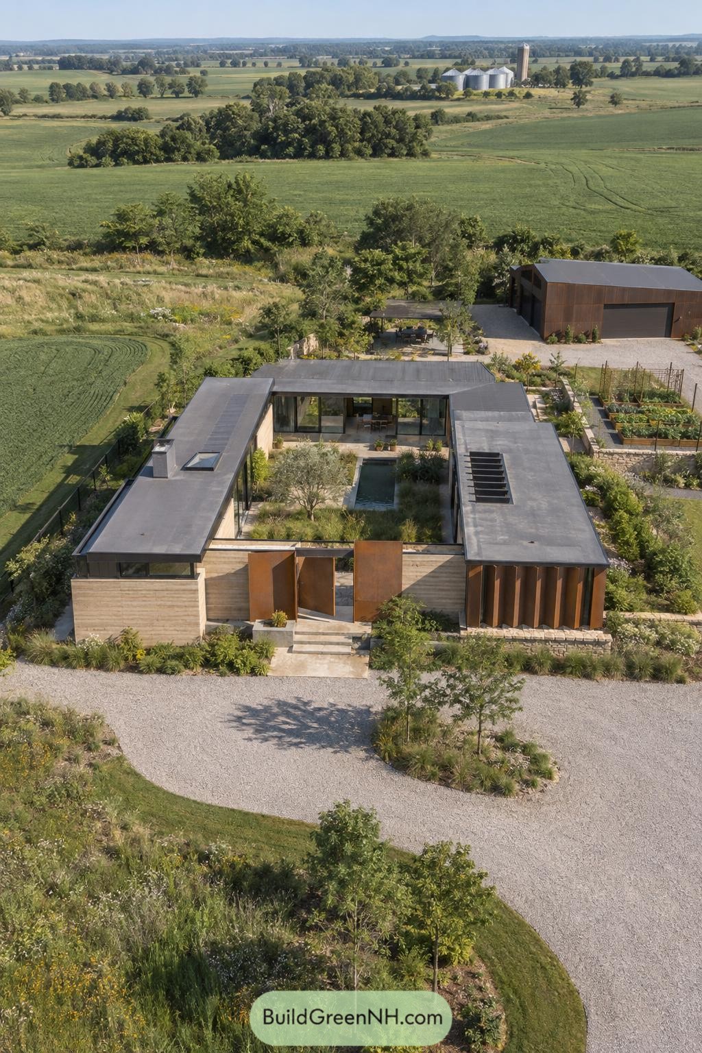 Aerial view of a rusted steel courtyard villa amid farmland