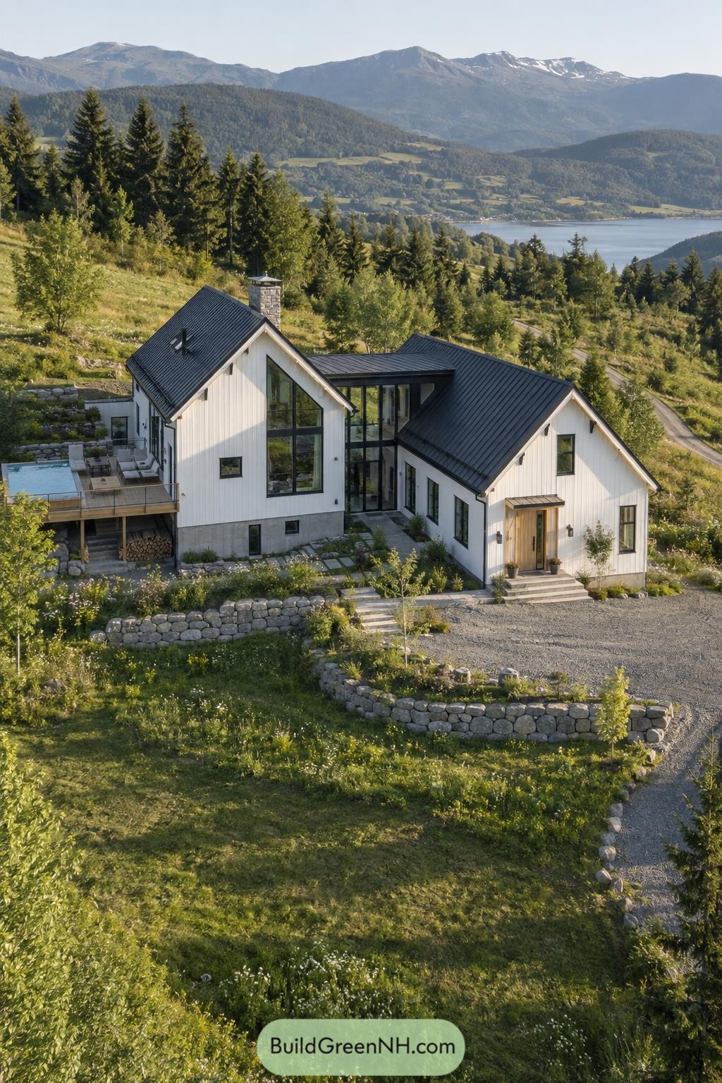 White gabled villa overlooking a mountain lake