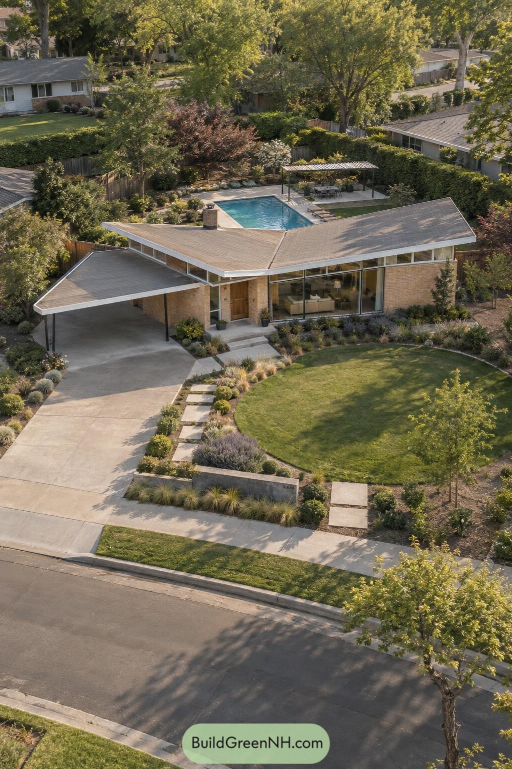 Midcentury-inspired bungalow with angular roof and backyard pool