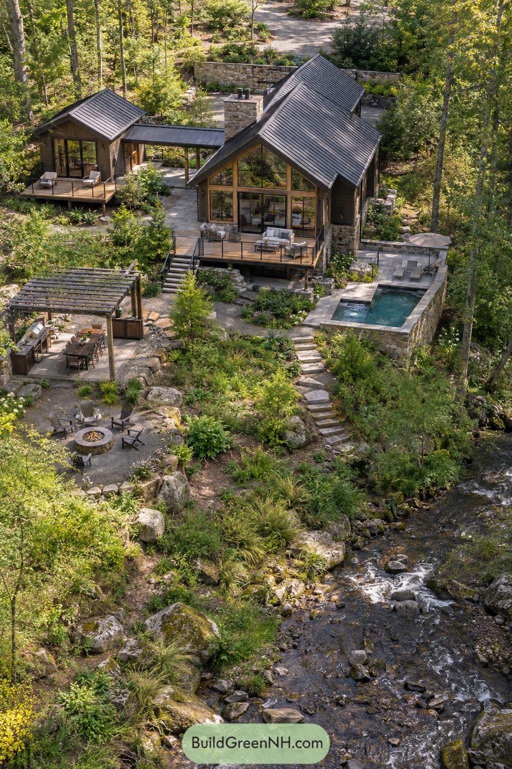 Wooded gable villa with pool beside a rocky creek