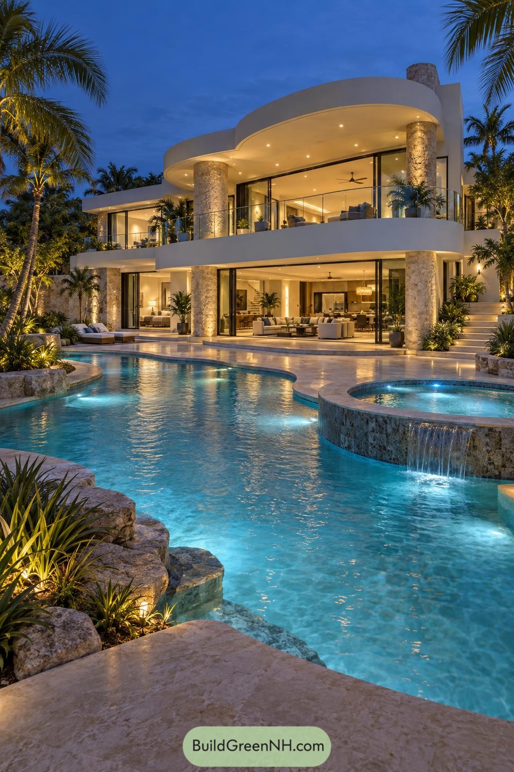 Curved modern villa with glowing pool and spa
