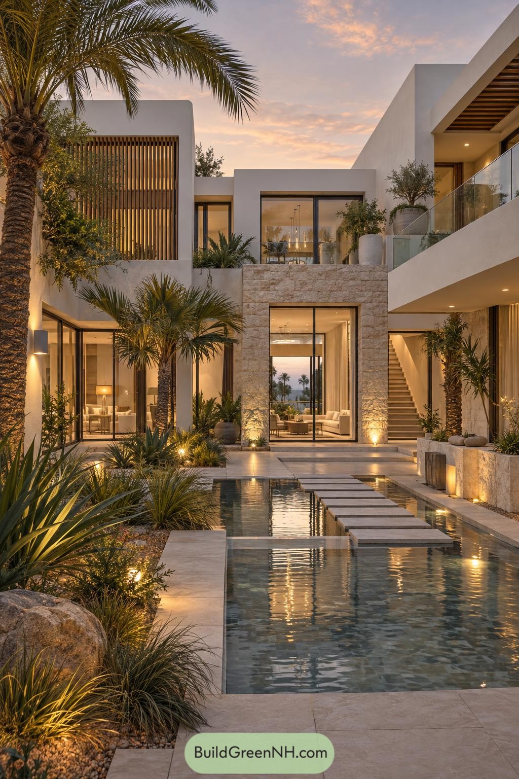 Modern villa courtyard with pool stepping stones and palms