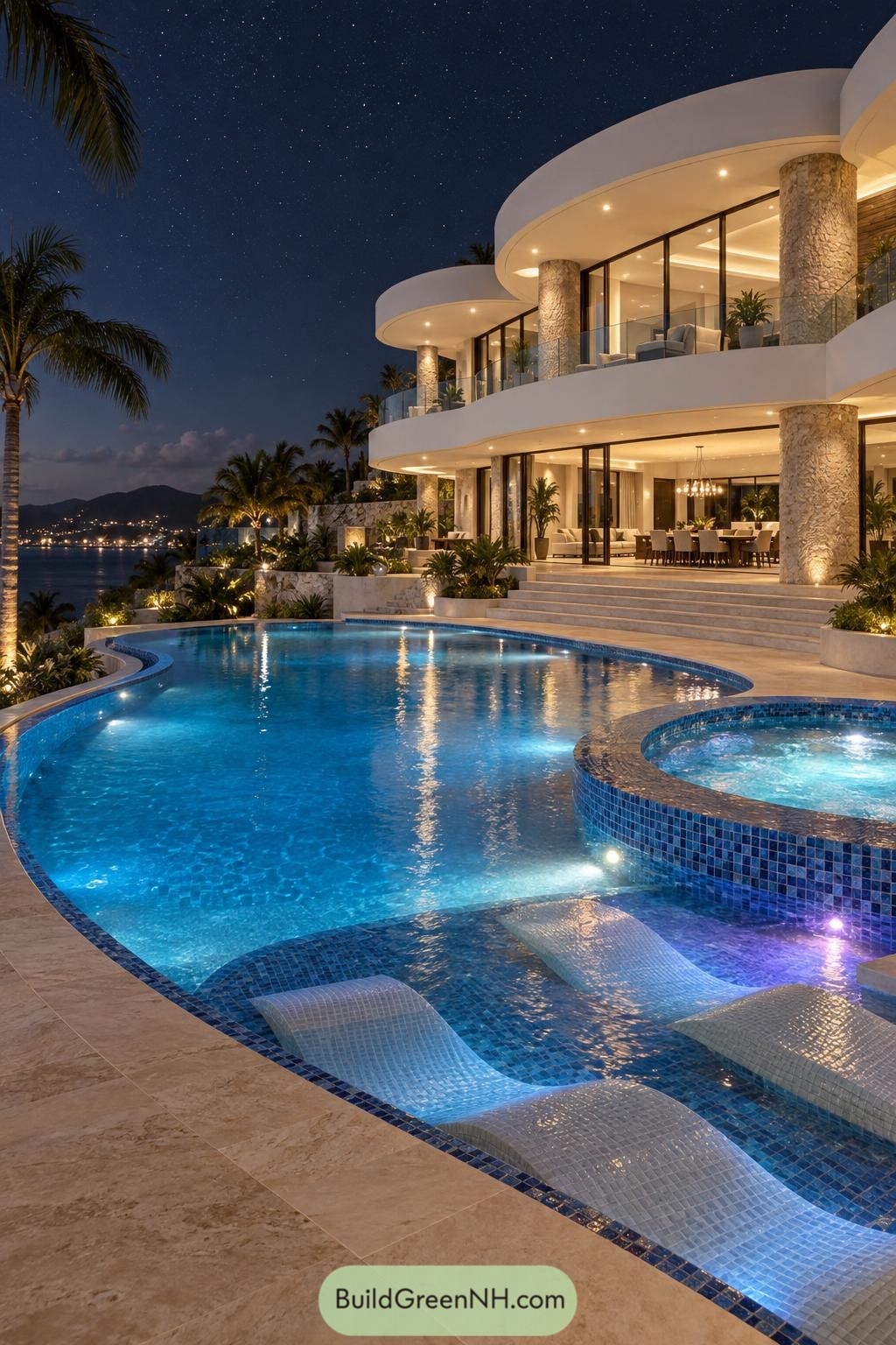 Curved coastal villa with glowing pool and spa beneath stars