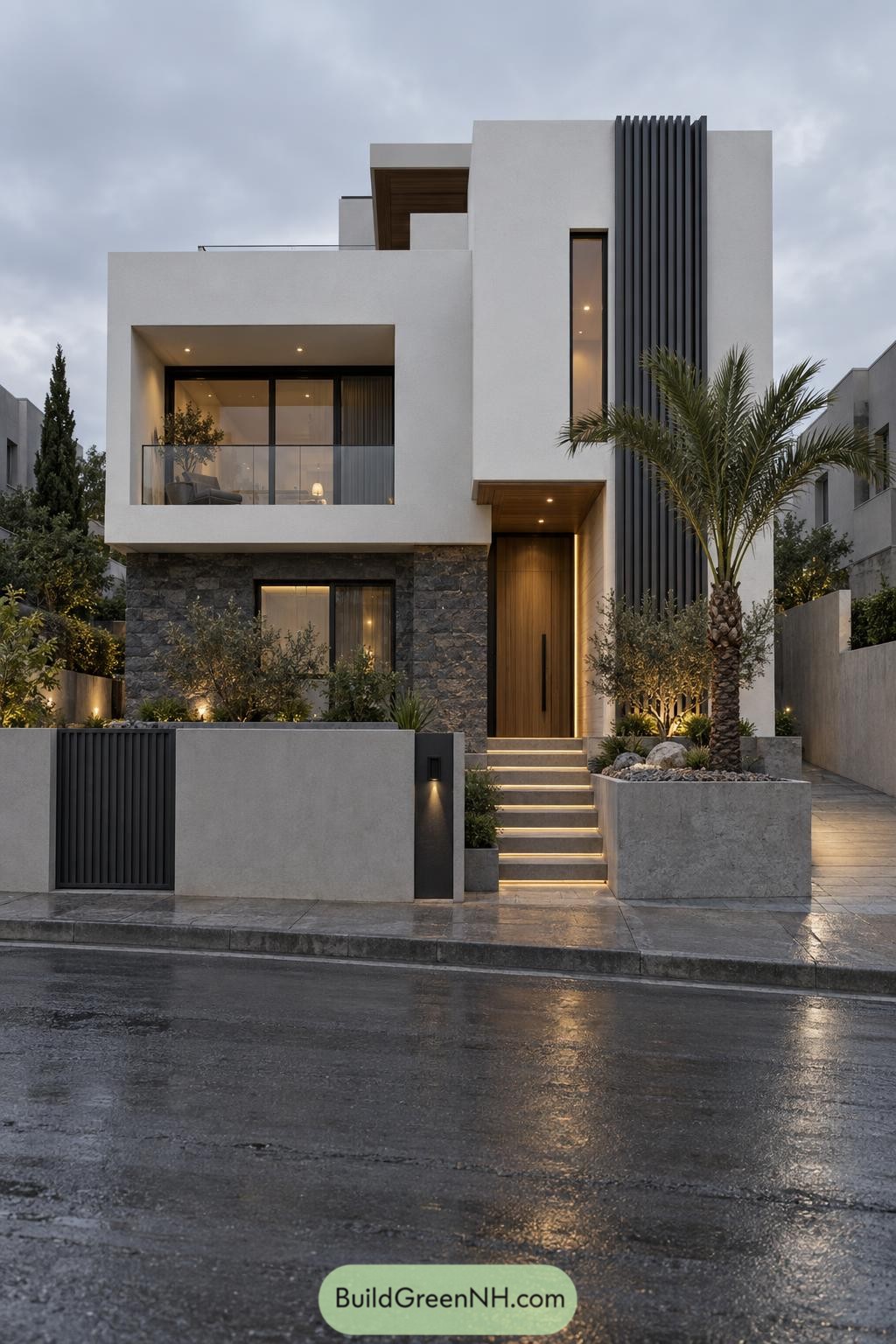 Modern villa with slate cladding palm planter and illuminated entry steps