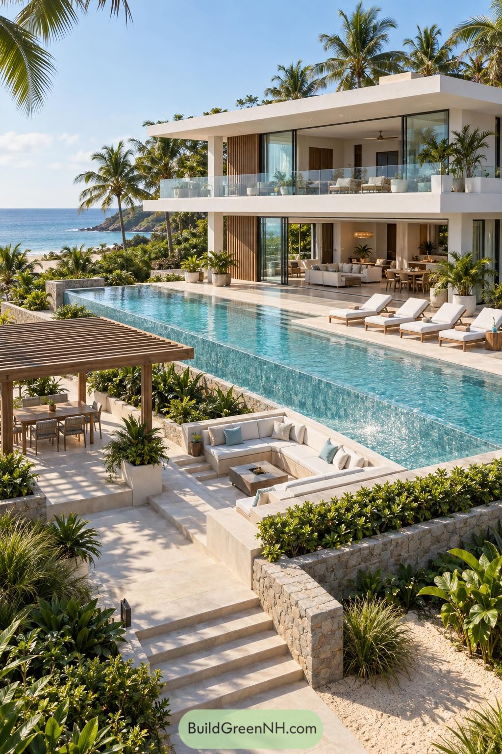 Modern coastal villa with tiered infinity pool and palm-framed terraces