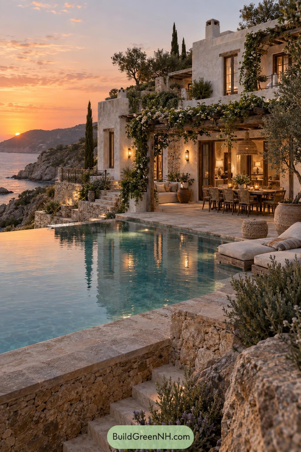 Stone villa with infinity pool overlooking a rocky coast at sunset