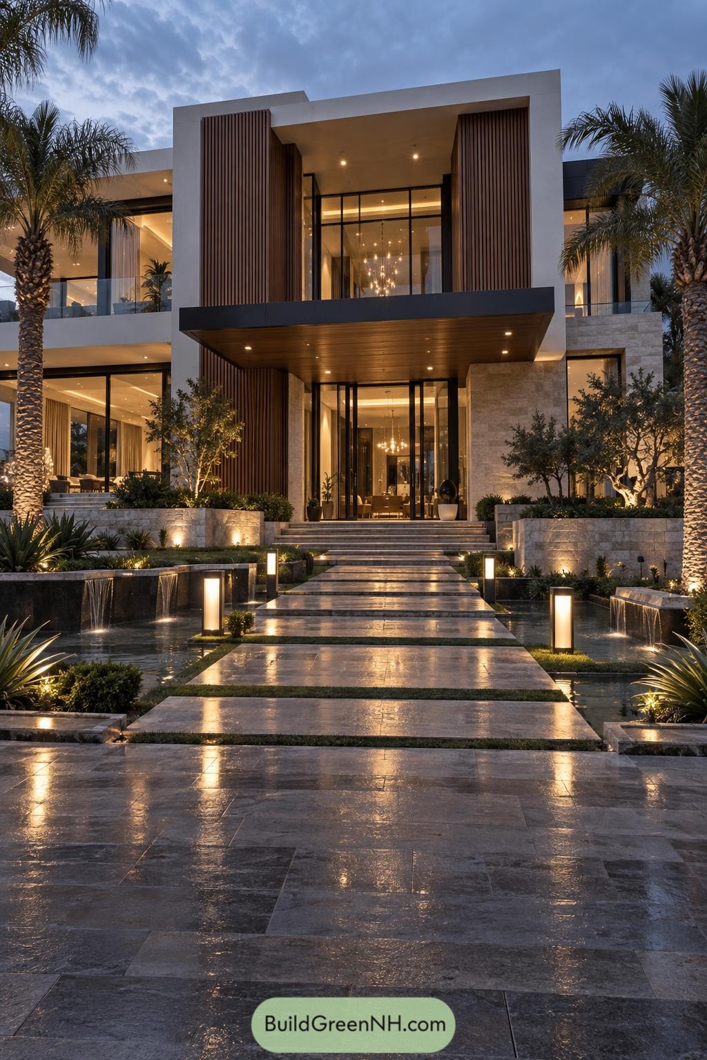 Modern villa entrance with water channels and palm landscaping at dusk