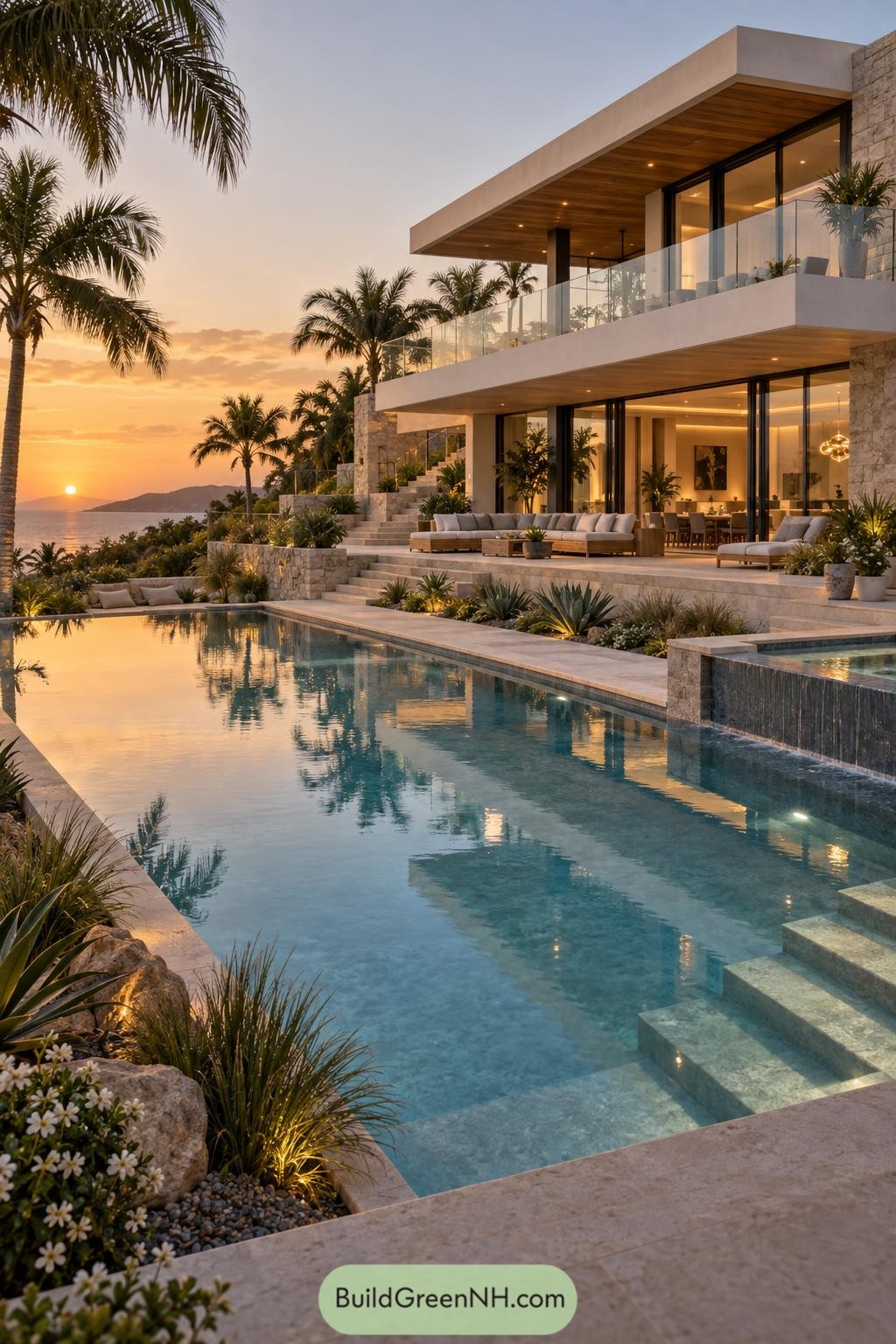 Modern coastal villa with terraced pool at sunset