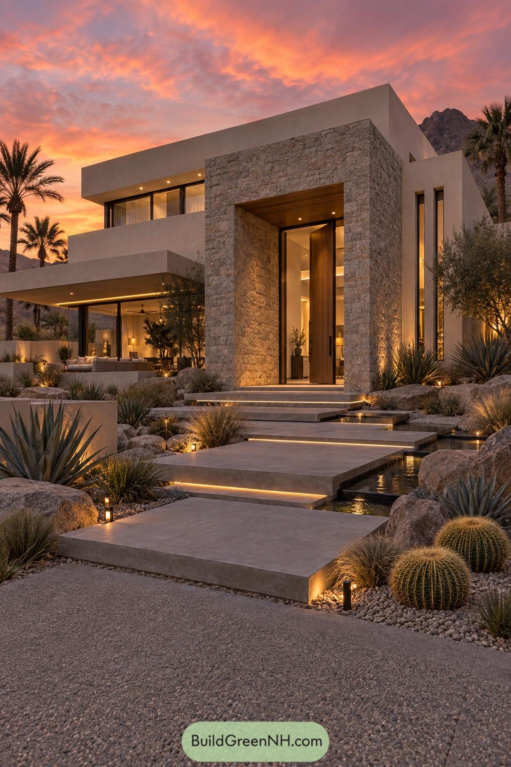 Modern desert villa with stone portal and illuminated water steps