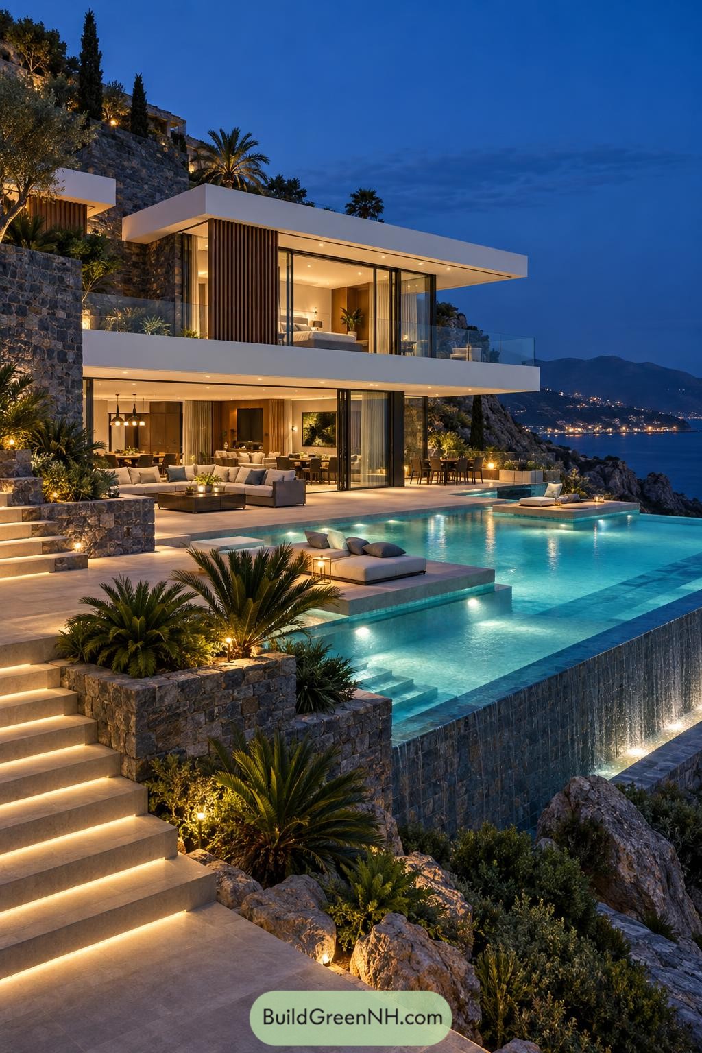 Modern hillside villa with cascading pool overlooking a coastal bay at dusk