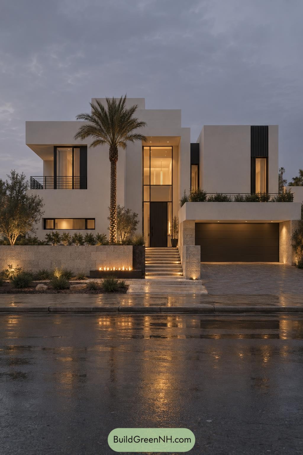 Contemporary villa with palm-lined entry and glowing facade
