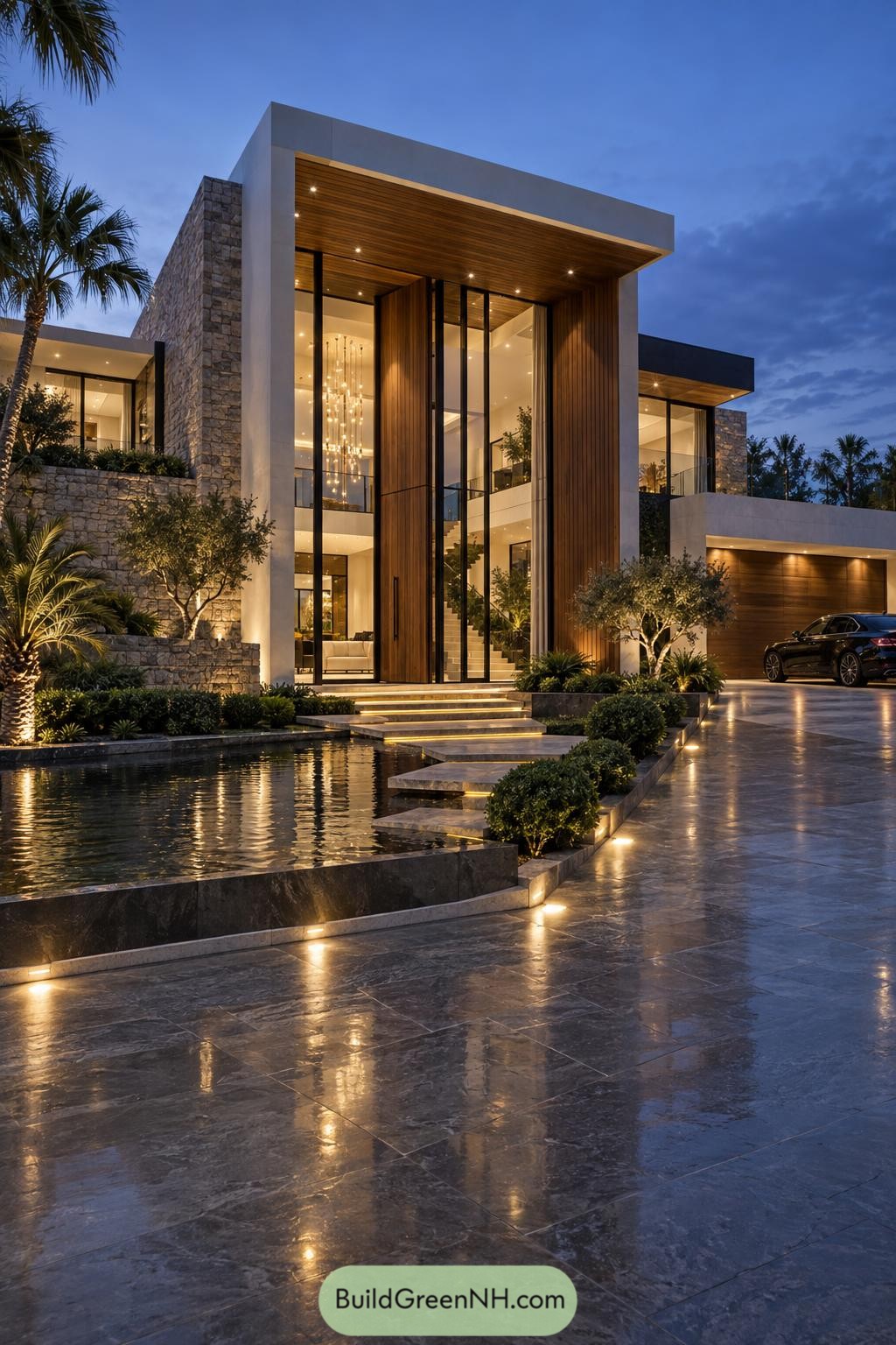 Modern villa entrance with stone walls water feature and tall glass doors at dusk