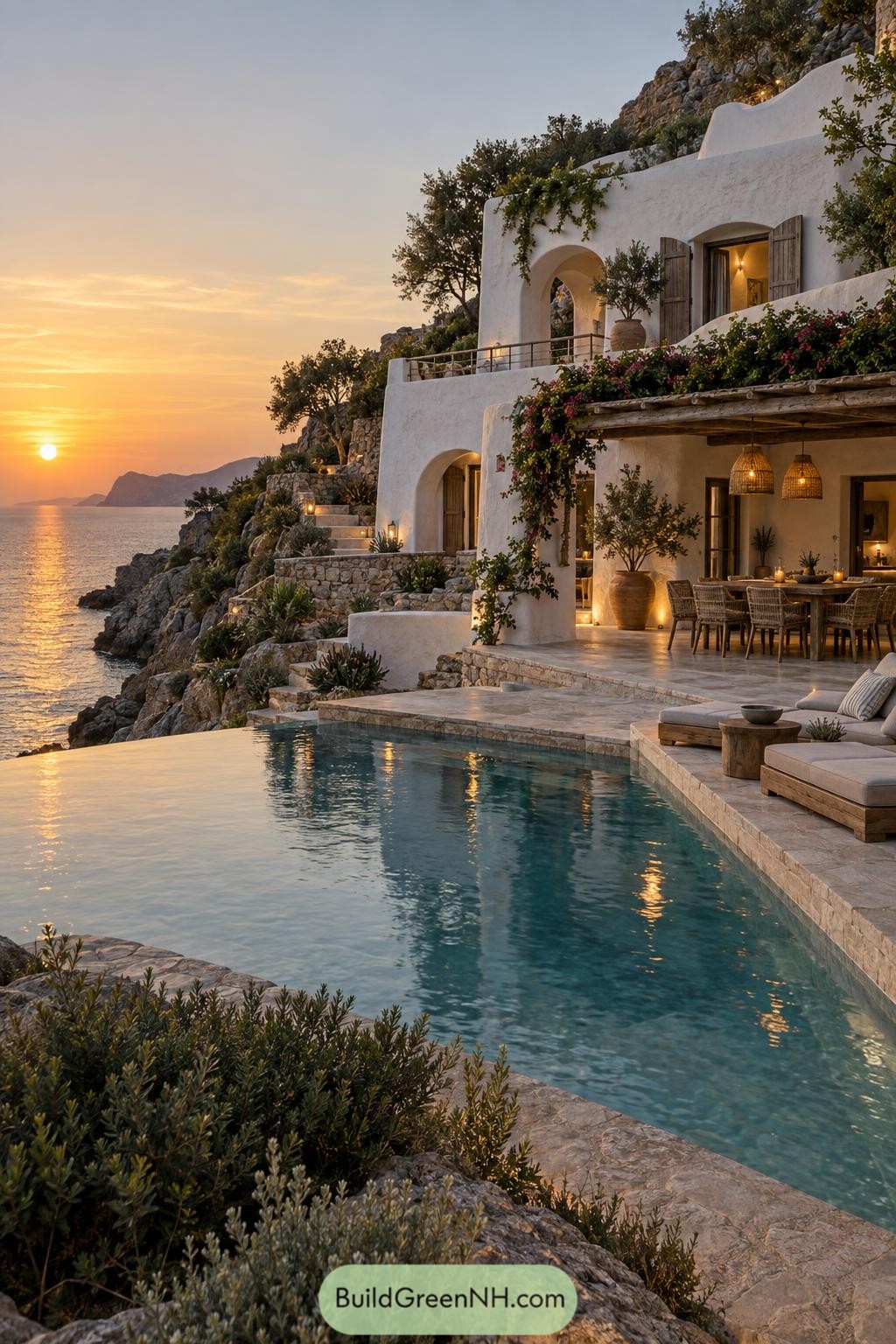 White stucco villa with infinity pool above the sea at sunset
