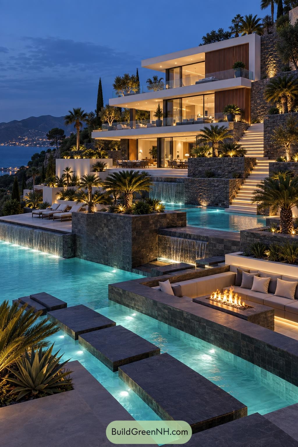 Multilevel hillside villa with cascading pools and fire lounge