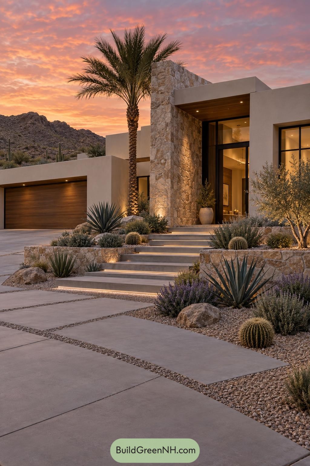 Modern desert villa entrance with stone tower and palm