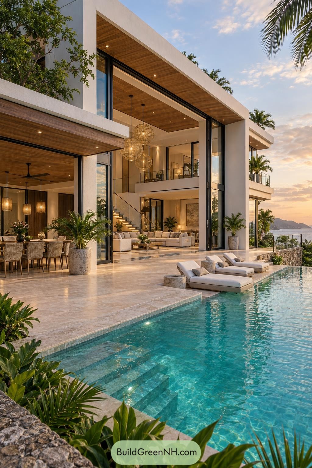 Modern tropical villa with open glass walls and infinity pool