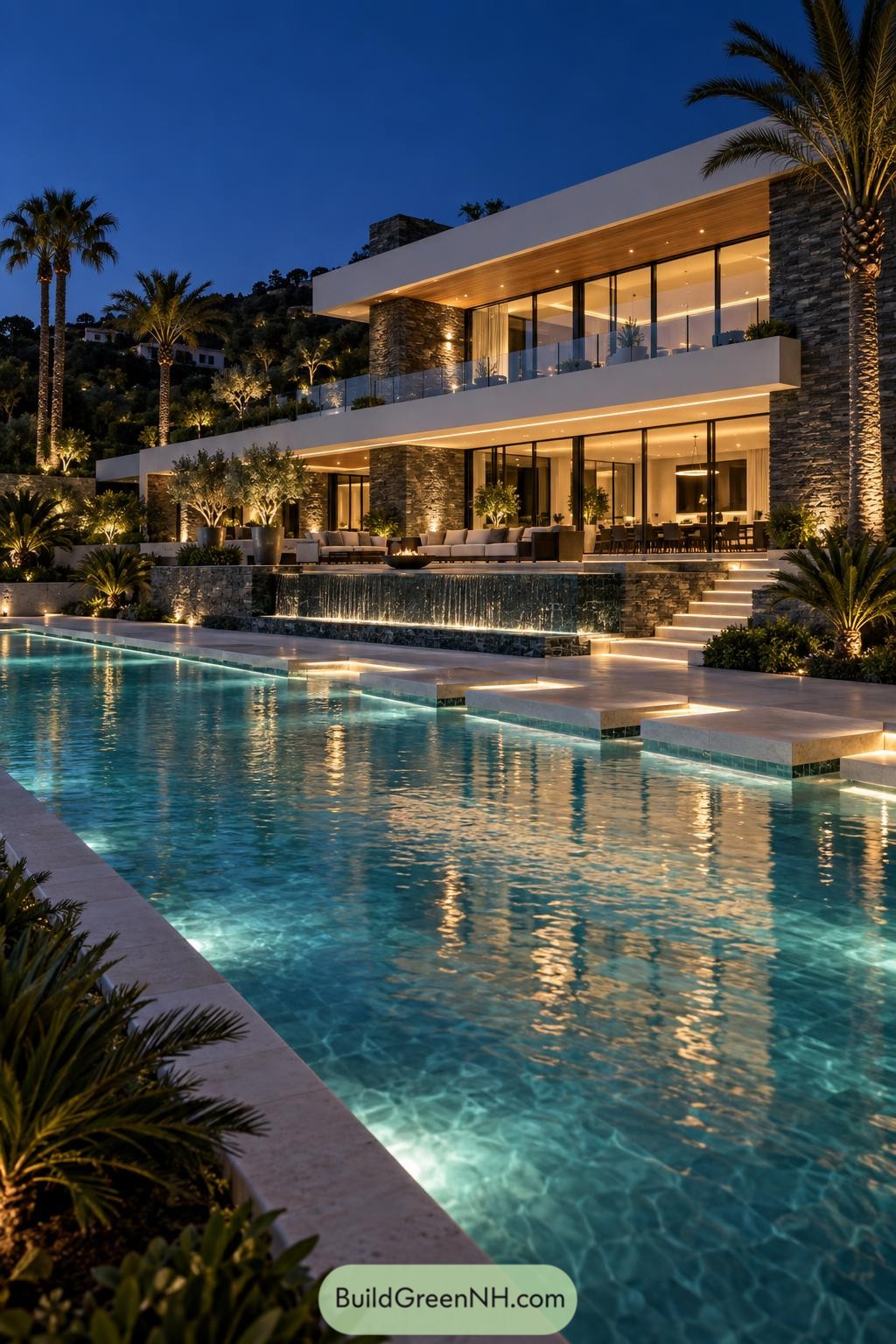 Contemporary hillside villa with illuminated pool and stone waterfall