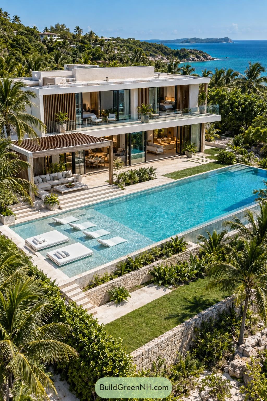 Modern tropical villa with infinity pool overlooking the sea