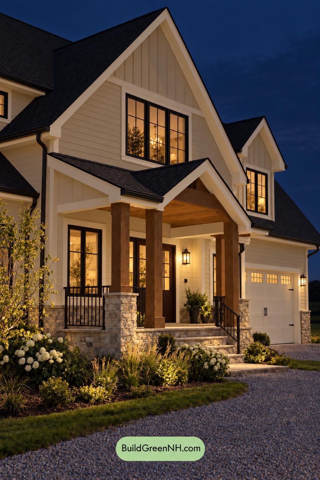 Wood and White House Exterior Color Scheme: Alabaster Umber - Nighttime
